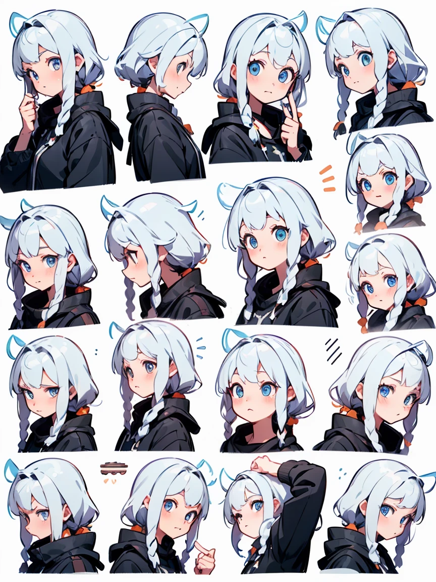 Cute pancial features,Emoji description,whole body,various expressions and actions,Exaggerated actions,hapiness,angry,Fear,Emotions such as surprise,White background,Cute style,illustration,Light white and blue,Emoticon Art Design,Exquisite details,Ultra HD,8K,Nine Palace Grid Layout,(Detailed avatar table, Front diagram, side view, three quarter view:1.5), (White background:1.5)