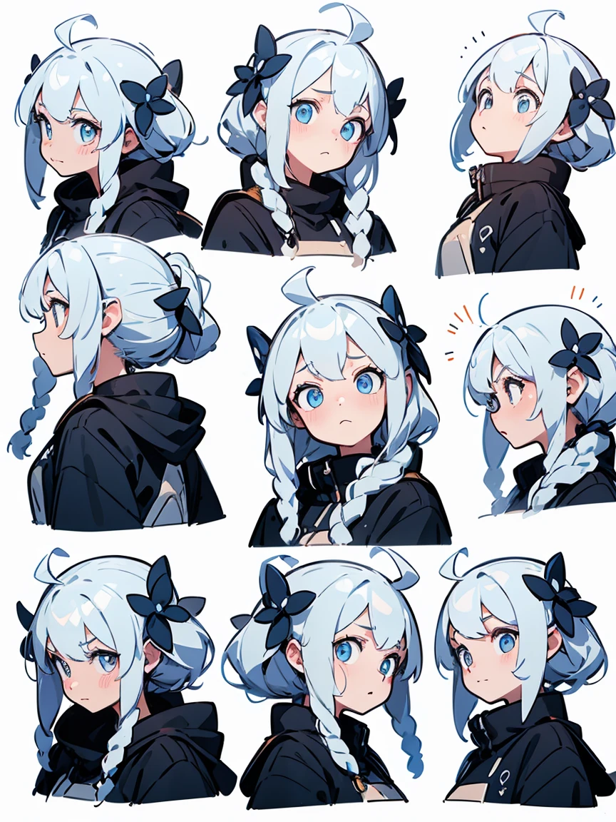 Cute pancial features,Emoji description,whole body,various expressions and actions,Exaggerated actions,hapiness,angry,Fear,Emotions such as surprise,White background,Cute style,illustration,Light white and blue,Emoticon Art Design,Exquisite details,Ultra HD,8K,Nine Palace Grid Layout,(Detailed avatar table, Front diagram, side view, three quarter view:1.5), (White background:1.5)