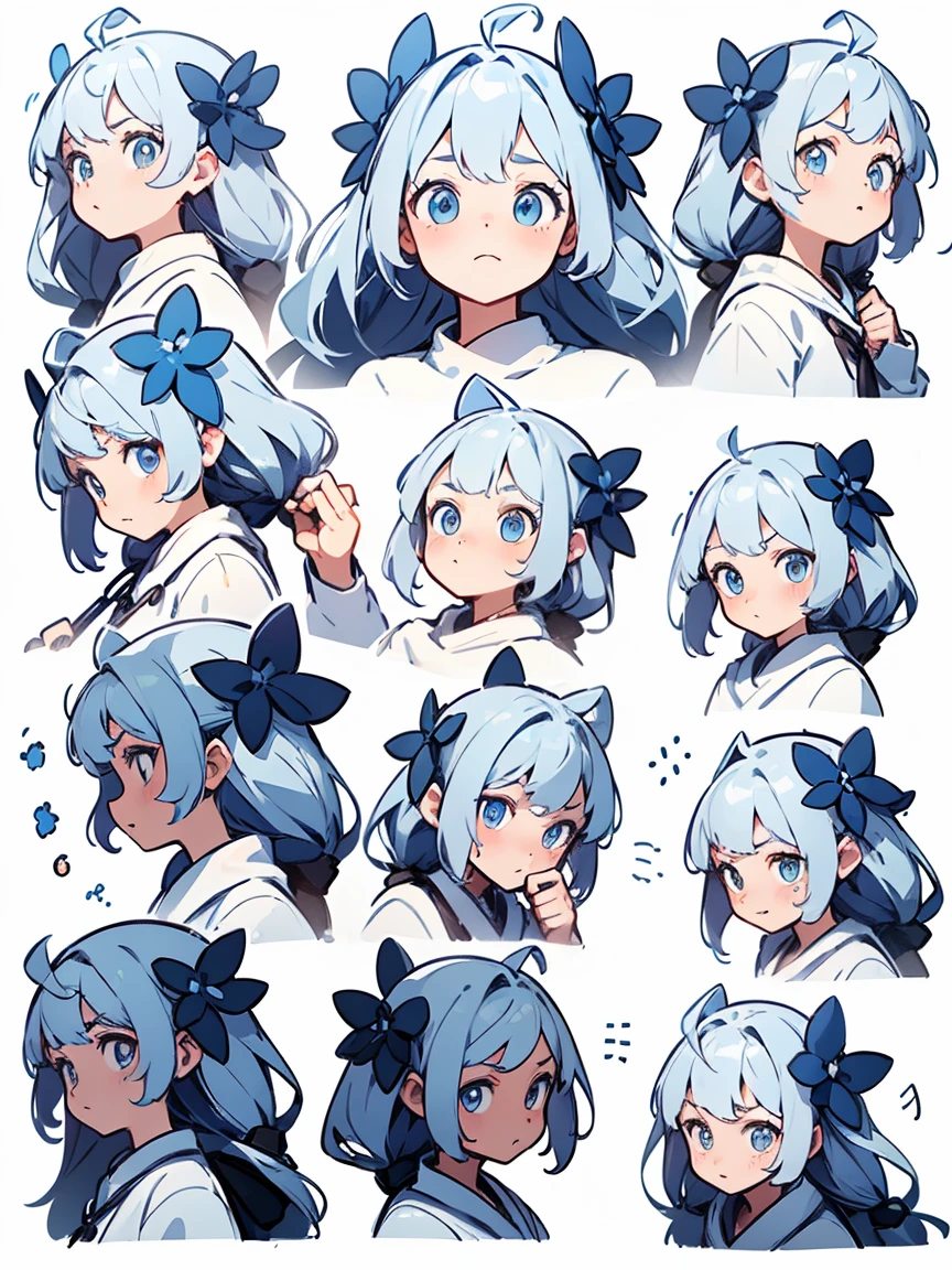 Cute pancial features，Emoji description，whole body，various expressions and actions，Exaggerated actions，hapiness，angry，Fear，Emotions such as surprise，White background，Cute style，illustration，Light white and blue，Emoticon Art Design，Exquisite details，Ultra HD，8K，Nine Palace Grid Layout，(Detailed avatar table, Front diagram, side view, three quarter view:1.5), (White background:1.5)