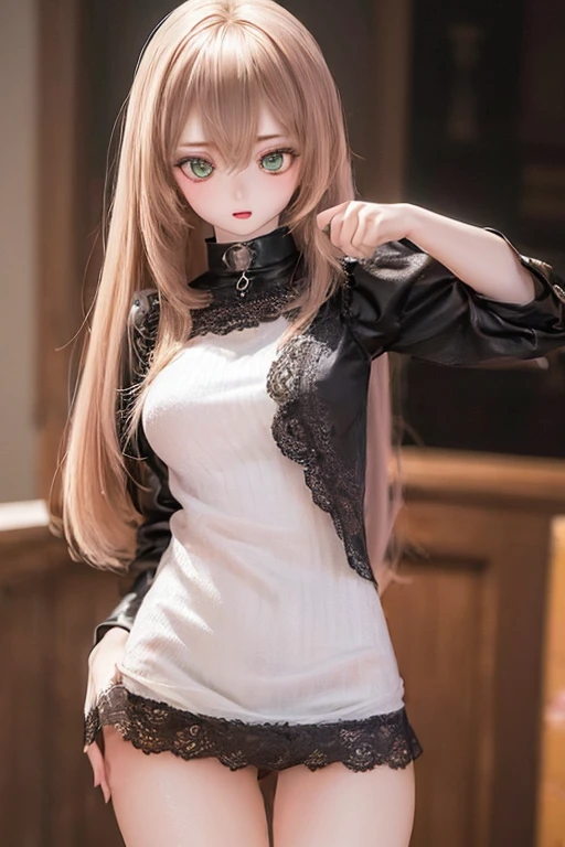 (SFW:2), photorealistic, realistic photo, ((highest quality)), ((masterpiece)), (extremely detailed), kukolnydom, doll, (mature woman, 22yo, 22 years old:1.6), solo, ((cowboy shot, dynamic pose)), (skinny, slender, slim, parted lips), green eyes, brown hair, (looking at another, gradient eyes, shining eyes, detailed eyes, detailed face:1.3), silk dress, room, 8k