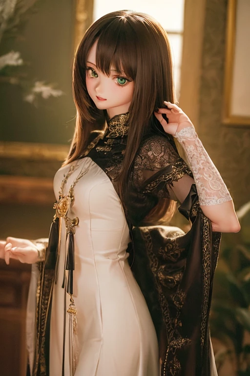 (SFW:2), photorealistic, realistic photo, ((highest quality)), ((masterpiece)), (extremely detailed), kukolnydom, doll, (mature woman:1.6), solo, ((cowboy shot, dynamic pose, black kimono, obi, obidome)), (little smile, parted lips), green eyes, black hair, (looking at another, gradient eyes, shining eyes, detailed eyes, detailed face:1.3), hair ornament, Japanese garden, 8k