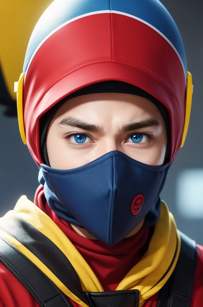 Cartoon style male character cap back blue eyes red black mask covering nose and mouth a yellow team shirt 