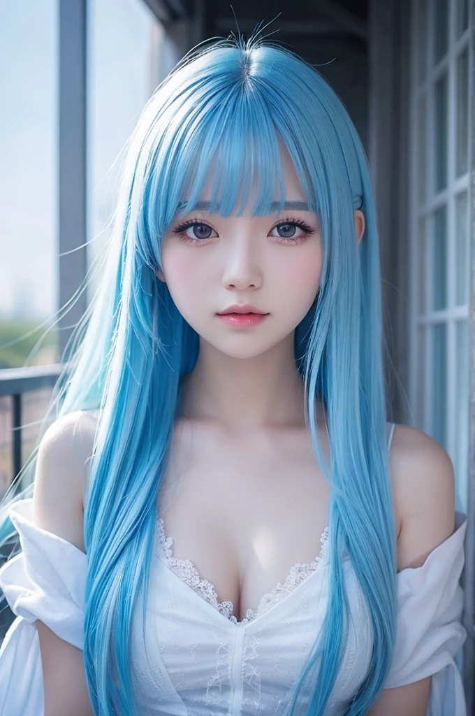 Draw a beautiful girl character with transparent light blue hair。