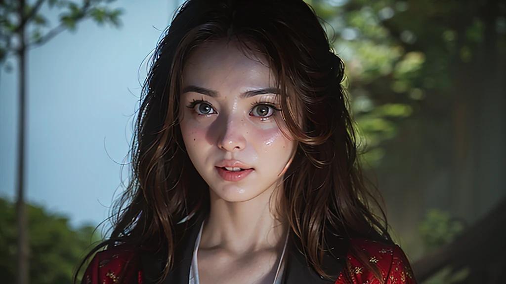 (1girl), Gorgeous and fantastic portrait in realistic fire background of totally destroyed forest, Printing possible, 8K,  (smoother lighting:1.05), (increase cinematic lighting quality:0.9), (detailed forest: 1.4), (bloom:1.1), looking down to viewer, deep eyes, glare eyes, (women play Drums), ((cinematic light)), (sadistic face),