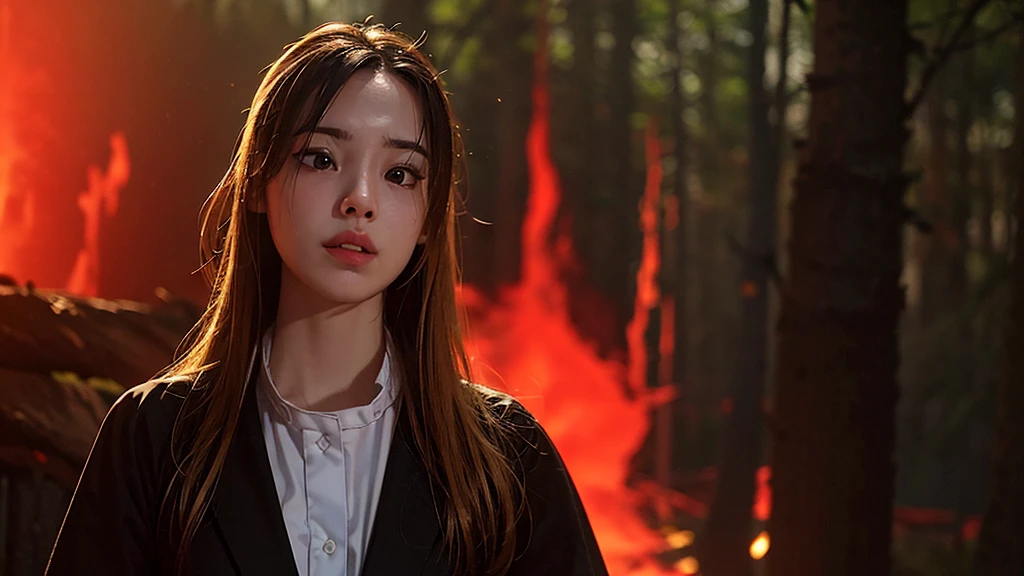 (1girl), Gorgeous and fantastic portrait in realistic fire background of totally destroyed forest, Printing possible, 8K,  (smoother lighting:1.05), (increase cinematic lighting quality:0.9), (detailed forest: 1.4), (bloom:1.1), looking down to viewer, deep eyes, glare eyes, (women play Drums), ((cinematic light)), (sadistic face),