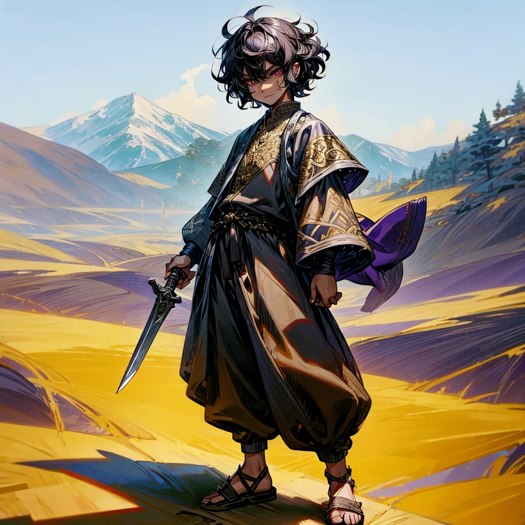 1little boy, Full body version, 1character, purple eyes, black skin, short Curly hair, Chinese eyes type, black colour hair, Renaissance clothing, yellow color clothing, Renaissance sandals, two dagger knife silver in hand, wood armor vest, Grassroots background in mountains