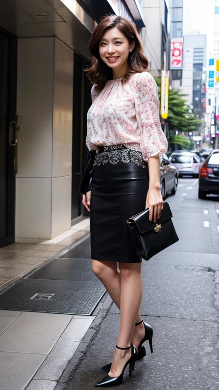 Highest quality、masterpiece、Ultra-high resolution、(Realistic:1.4)、Downtown Tokyo、woman、Standing woman、(((Leaning forward))),Grin、beautiful woman、blouse、skirt、Handbags、High heels