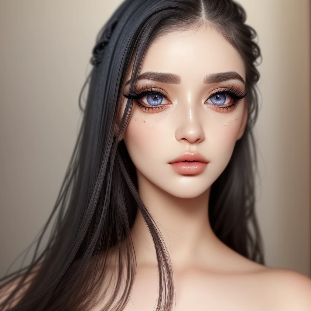 Mulher de 20 anos, rosto perfeito, olhos castanhos, cabelos longos de madeixas escuras e onduladas, pele clara