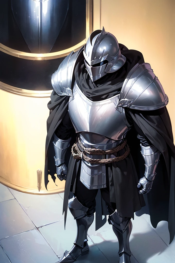 (masterpiece; best quality: 1.2), (full-armored knight man)), ((solo)), (closed helmet: 1.4), (body; muscular, lean, masculine: 1.3), (beautiful and clear background: 1.2), ((depth of field)), (equipment: all-black full plate medieval armor + closed helmet + long black cape: 1.3), ((human proportions)), (anime illustration: 1.2), (background composition; fantasy castle corridor + furniture: 1.1), (shot composition; standing + centered on torso + close-up: 1.5)