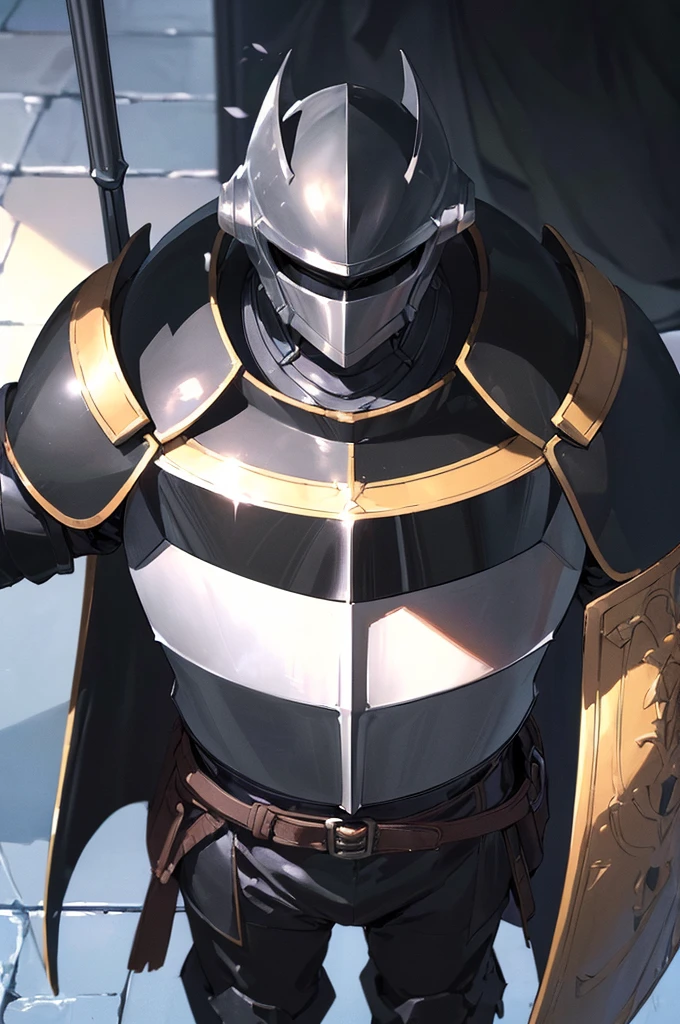 (masterpiece; best quality: 1.2), (full-armored knight man)), ((solo)), (closed helmet: 1.4), (body; muscular, lean, masculine: 1.3), (beautiful and clear background: 1.2), ((depth of field)), (equipment: all-black full plate medieval armor + closed helmet + long black cape: 1.3), ((human proportions)), (anime illustration: 1.2), (background composition; fantasy castle corridor + furniture: 1.1), (shot composition; standing + centered on torso + close-up: 1.5)