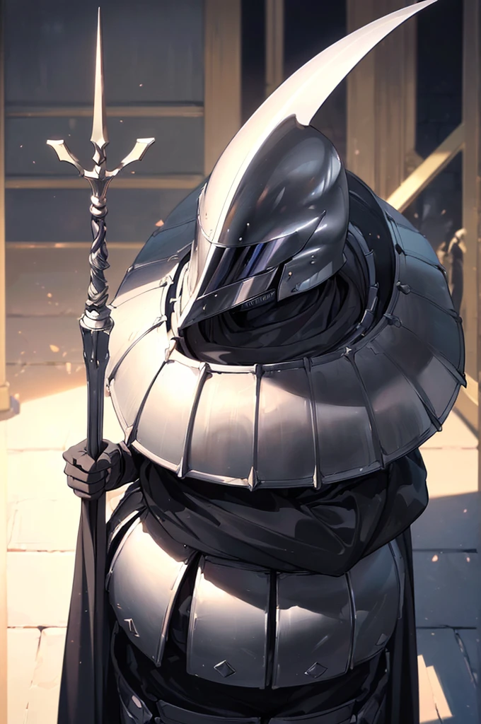(masterpiece; best quality: 1.2), (full-armored knight man)), ((solo)), (closed helmet: 1.4), (body; muscular, lean, masculine: 1.3), (beautiful and clear background: 1.2), ((depth of field)), (equipment: all-black full plate medieval armor + closed helmet + long black cape: 1.3), ((human proportions)), (anime illustration: 1.2), (background composition; fantasy castle corridor + furniture: 1.1), (shot composition; standing + centered on torso + close-up: 1.5)