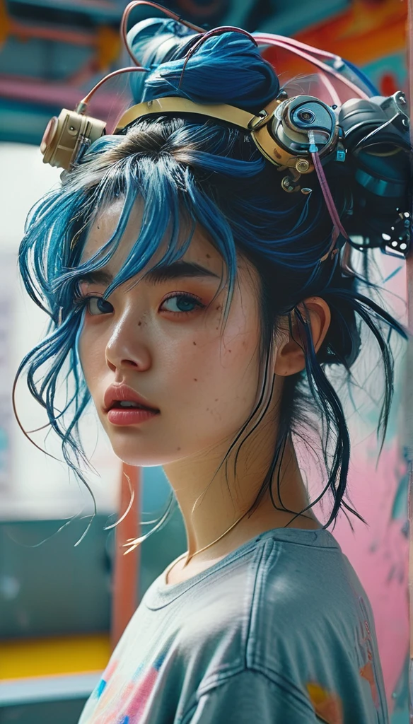 1girl, idol, full body shot, collarbone, ,, photo, film, depth of field, skin texture, t-shirt, ripped pencil jeans, rubber band, topknot, long hair, messy hair, freckles, In the room, blush, focus on face, bangs, hair circle, blue hair Futuristic cities、TOKYOcty、empty mechanical car、natta、Numerous cyborgs fighting surrounded by creepy cyborg DNAt."."agnes cecile, Written by Andre Masson, Francis Bacon, 4K, intrincate details, Attention to detail, awardwinning, 8K, crisp quality, hyper realisitic, Exquisite craftsmanship, nffsw, masutepiece, Lusciousness, Mesmeric, Dreamy, Eye-catching, Irresistible, Fascinating, Glorious, divine, Pretty, excellent, Gorgeous, Very cute, Adorable, classy, Stunning, water color, painting, artwork, beautiful girl