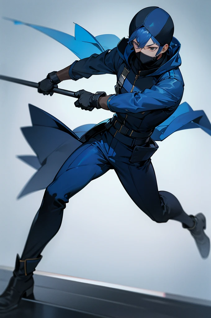 A boy with a dark blue balaclava on his head, with tight coat and tight pants of the same dark blue color.