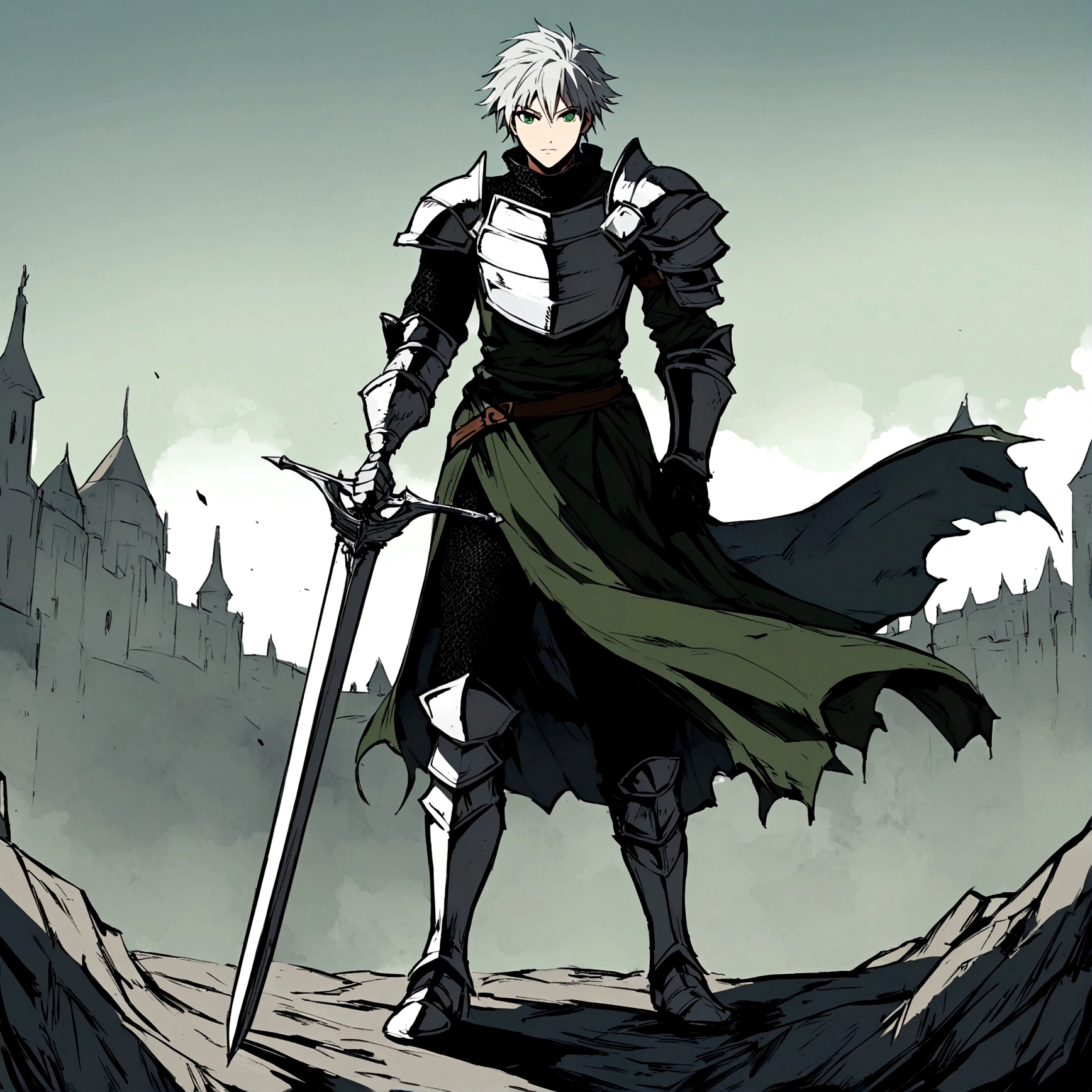 Male, silver short hair, green eyes, Male knight, Duelist knight, one sided tabard, armored, crop chestplate, black chainmail, full body, light armor, dark souls style, weathered clothing, one sided tabard, Rapier knight, one shoulder guard, black chainmail