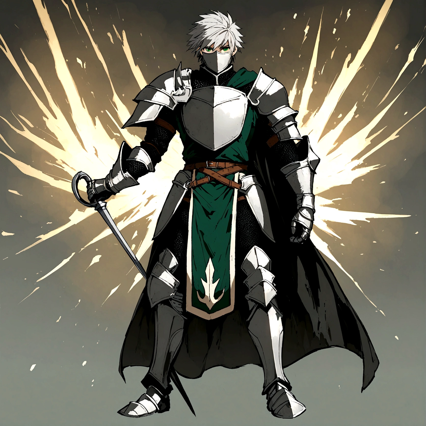 Male, silver short hair, green eyes, Male knight, Duelist knight, one sided tabard, armored, crop chestplate, black chainmail, full body, light armor, dark souls style, weathered clothing, one sided tabard, Rapier knight, one shoulder guard, black chainmail