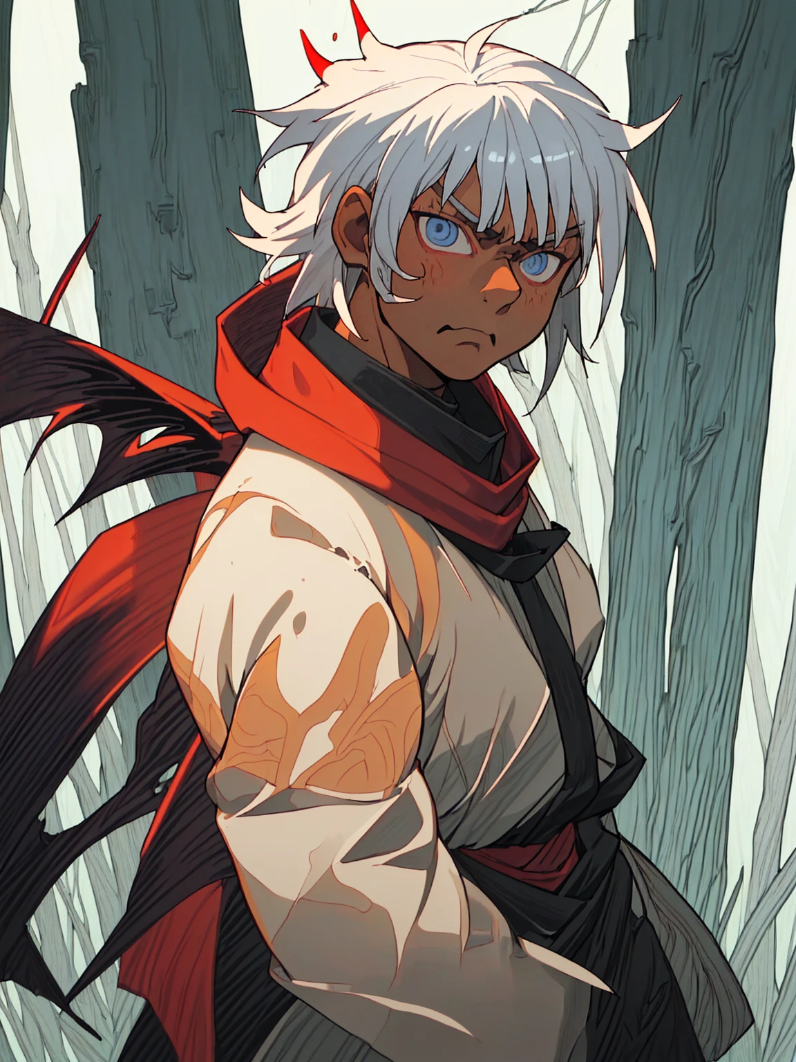 ((masterpiece,best quality,1boy,male focus,masculine,solo,closed mouth,teenager,muscle,muscular)),((((white hair,short messy hair)))),((pale blue eyes,perfect eyes,glowing eyes,perfect face,serious demeanor)),(((dark skin color,standing still,caramel skin color,multicolored haori,white haori,black haori,red scarf,demon slayer outfit))),((forest background,trees,walking on path,grass))