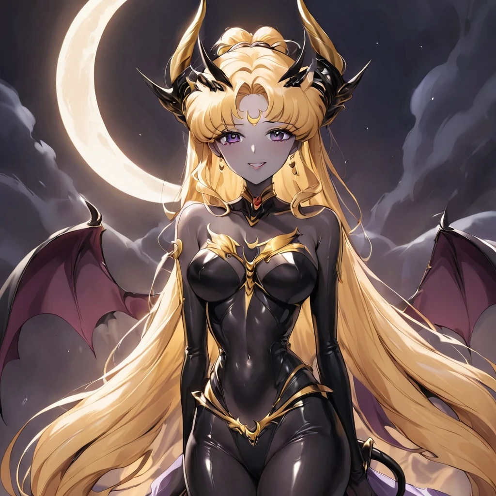 ((Highest quality)), ((masterpiece)), (detailed), (Perfect Face)、The female Devil Queen Serenity is embracing and snuggling up to the majestic and powerful Demon King.、The woman is naked and is the bride of the Demon King, the Dark Queen of the Black Moon Clan, the Demon Queen, Devil Queen Serenity, and is wearing a shiny black full-body bodysuit decorated with gold, a sexy female demon with jet-black skin, Devil Queen Serenity.、The woman is a jet-black female demon with magnificent devil horns, jet-black devil wings, and a jet-black tail. Her skin is jet-black, and she has a black inverted crescent moon mark on her forehead. She is the jet-black demon Devil Queen Serenity, and has blonde hair.2The expression of a girl in love with her long hair tied up、Woman is Devil Queen Serenity