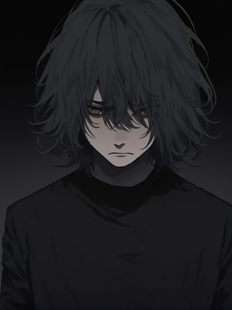 Solo, male, dark medium hair, gray eyes, moody, not happy, dark clothing, emo, dark background