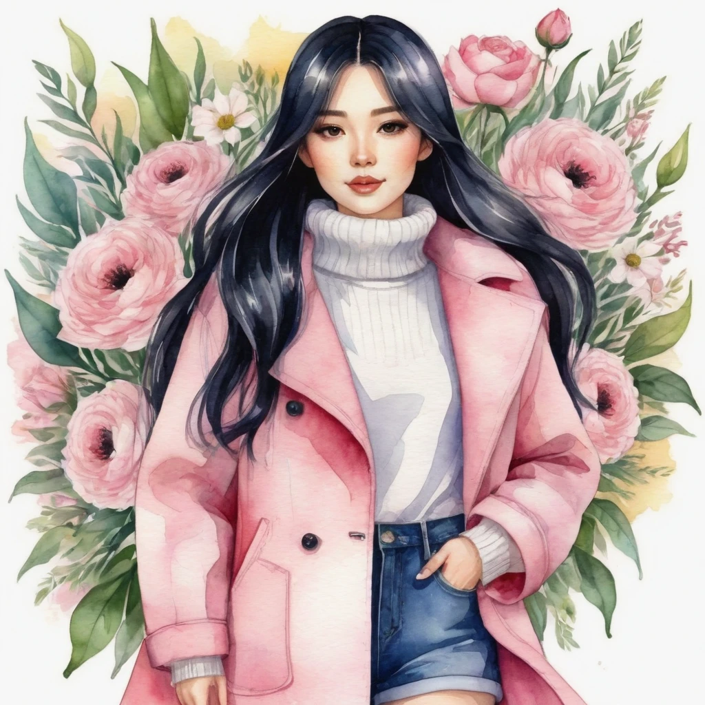 A watercolor illustration, kawaii illustration, chibi .Anime STYLE, of a beautiful woman with LONG STRAIGHT black hair standing against a light background, she is holding a bouquet of flowers, The woman is 25 years old, she is wearing a long PINK coat , WHITE turtleneck, denim shorts and black sandals. The coat has large pockets and a raised collar. She extending it beyond her shoulders. by Kathrin Honesta, Lisi Martin ,Jessica Roux and Helen Dardik