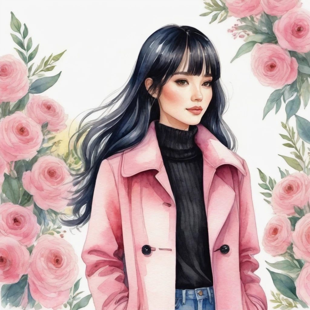 A watercolor illustration, kawaii illustration, chibi .Anime STYLE, of a beautiful woman with LONG STRAIGHT black hair standing against a light background, she is holding a bouquet of flowers, The woman is 25 years old, she is wearing a long PINK coat , WHITE turtleneck, denim shorts and black sandals. The coat has large pockets and a raised collar. She extending it beyond her shoulders. by Kathrin Honesta, Lisi Martin ,Jessica Roux and Helen Dardik