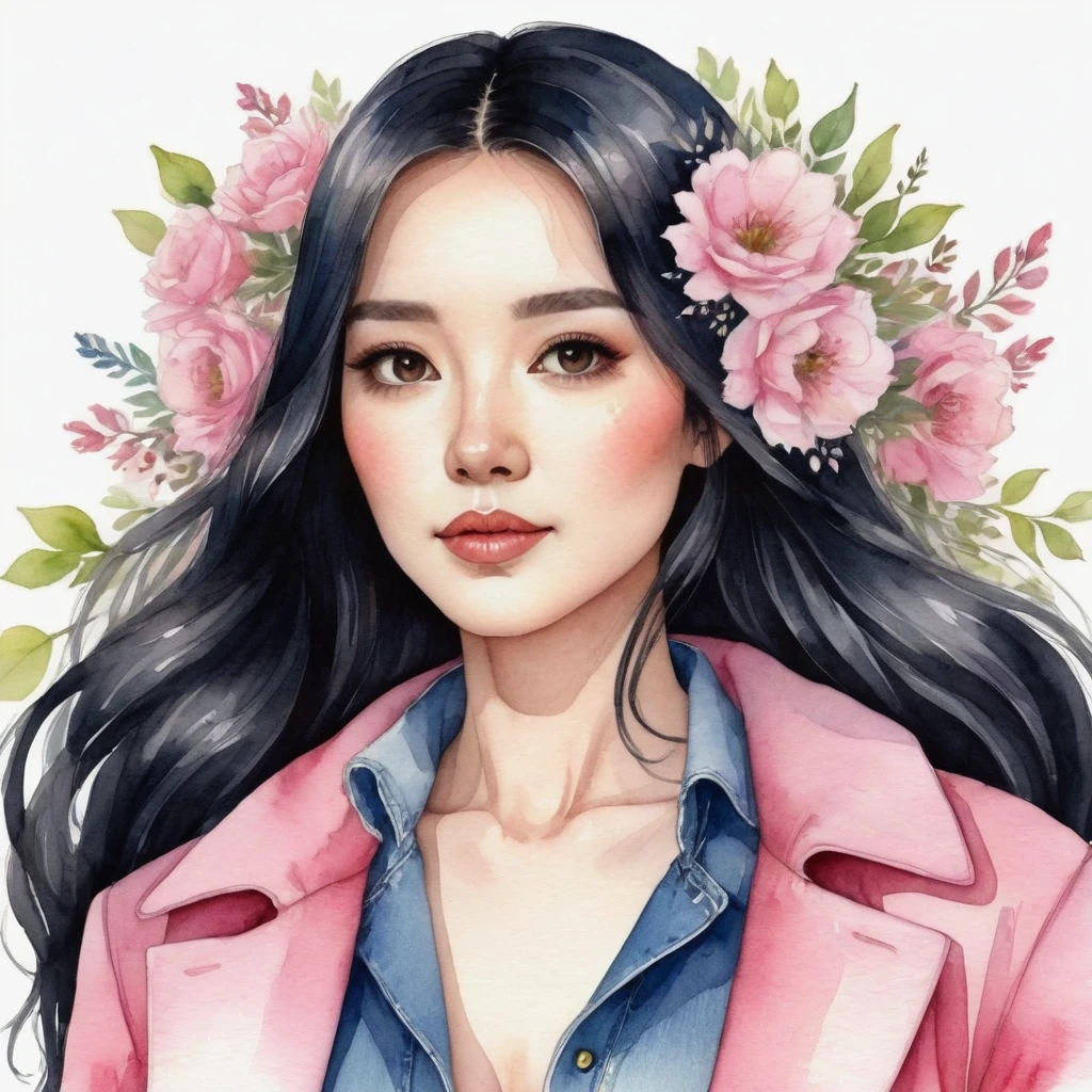 A watercolor illustration, kawaii illustration, chibi .Anime STYLE, of a beautiful woman with LONG STRAIGHT black hair standing against a light background, she is holding a bouquet of flowers, The woman is 25 years old, she is wearing a long PINK coat , WHITE turtleneck, denim shorts and black sandals. The coat has large pockets and a raised collar. She extending it beyond her shoulders. by Kathrin Honesta, Lisi Martin ,Jessica Roux and Helen Dardik