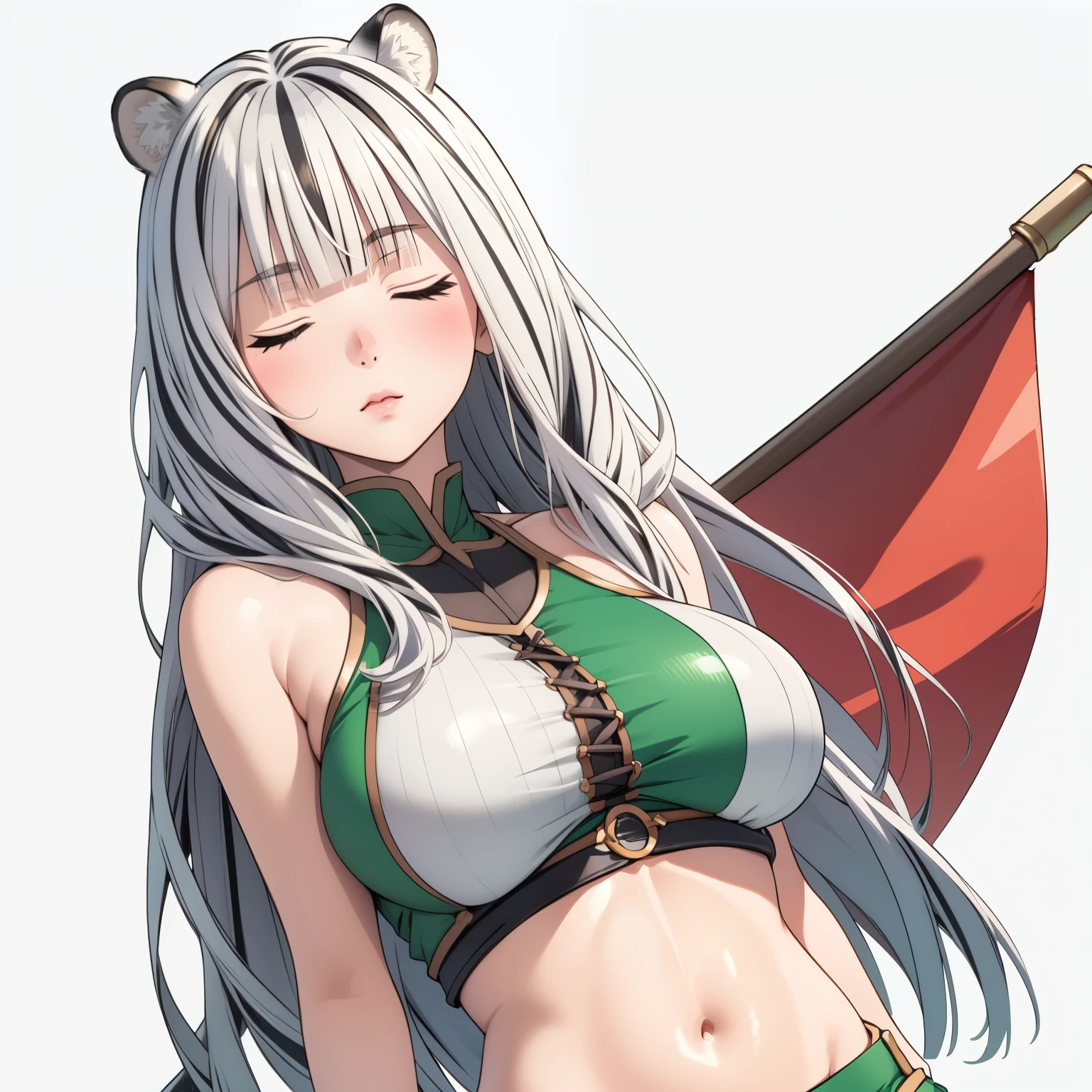 Atlas Fayon woman 40 years, white hair with black stripes ,white tiger ears, closed eyes, mujer ciega con closed eyes, disfraz de explorer, green low cut leather tops, green leather shorts,  explorer, big breasts,, background of a chinese castle