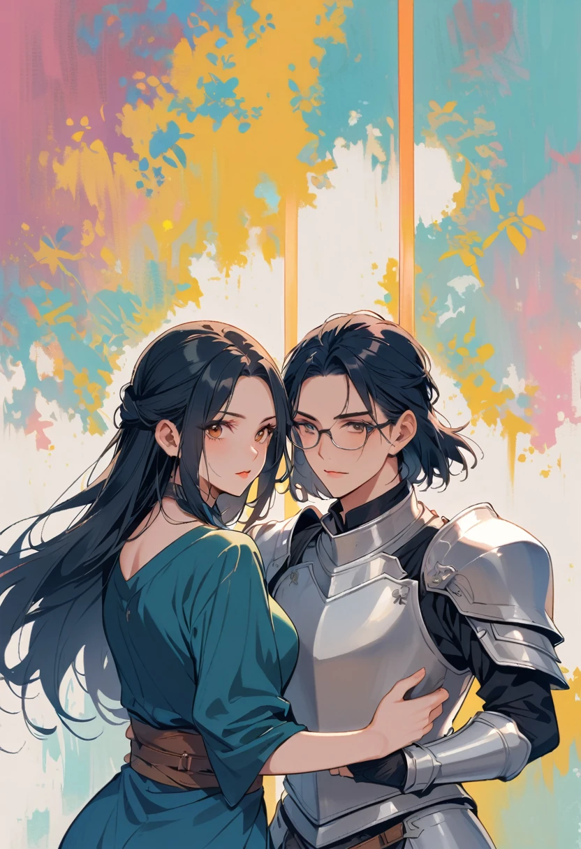 A short blonde haired witch woman, thin rimmed glasses with her lover, a knight with dark hair and beard wearing silver knights armor