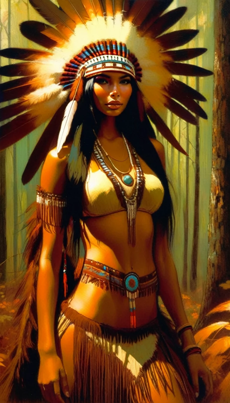 American Indian girl, Indian costume in brown tones, very sexy, feathers, happy observing some flowers, in a very beautiful closed forest, sexy, erotic (art inspired by Bill Sienkiewicz). oil painting)
