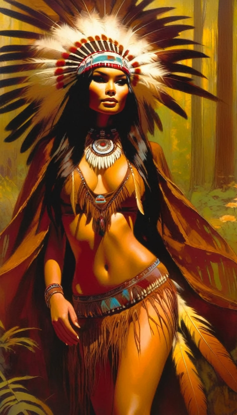American Indian girl, Indian costume in brown tones, very sexy, feathers, happy observing some flowers, in a very beautiful closed forest, sexy, erotic (art inspired by Bill Sienkiewicz). oil painting)