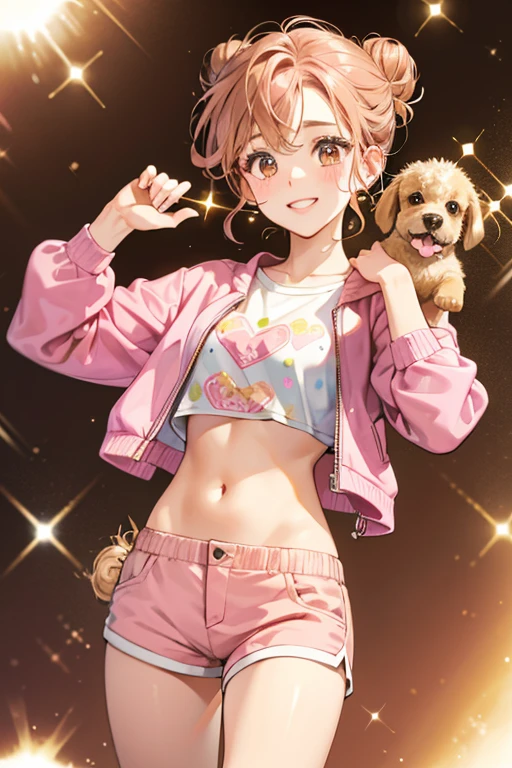 Pupstagram is a light gold girl terrier, glitter brown eyes, brown to rose gold hair in a bun at the top and curly at the back, and a pink jacket and shorts. SPARKLE; GLITTER