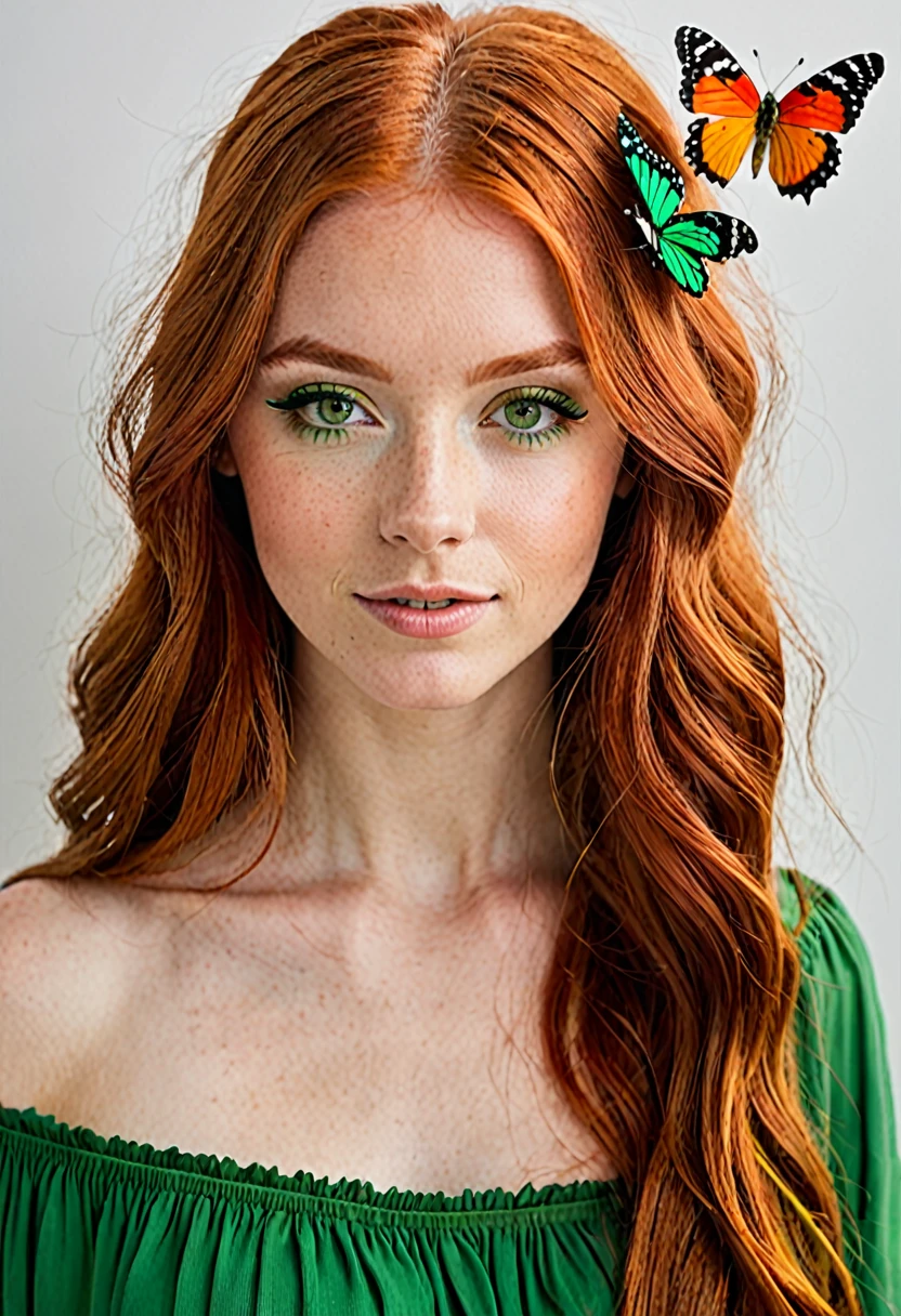 22-year-old woman with long red hair, with butterfly fringe, light skin and green eyes