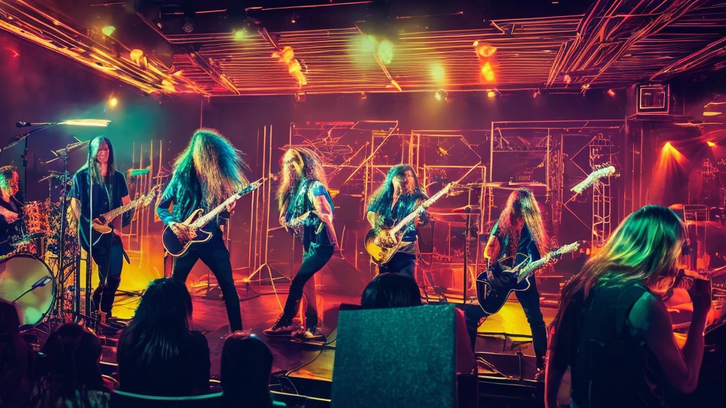 a skilled rock band, 90s style, lead singer with long hair, electric guitar, drummer, bassist, keyboardist, moody lighting, smoke machine, concert stage, crowd cheering, (best quality,4k,8k,highres,masterpiece:1.2),ultra-detailed,(realistic,photorealistic,photo-realistic:1.37),dynamic composition,cinematic lighting,cinematic effects,vibrant colors,dramatic shadows