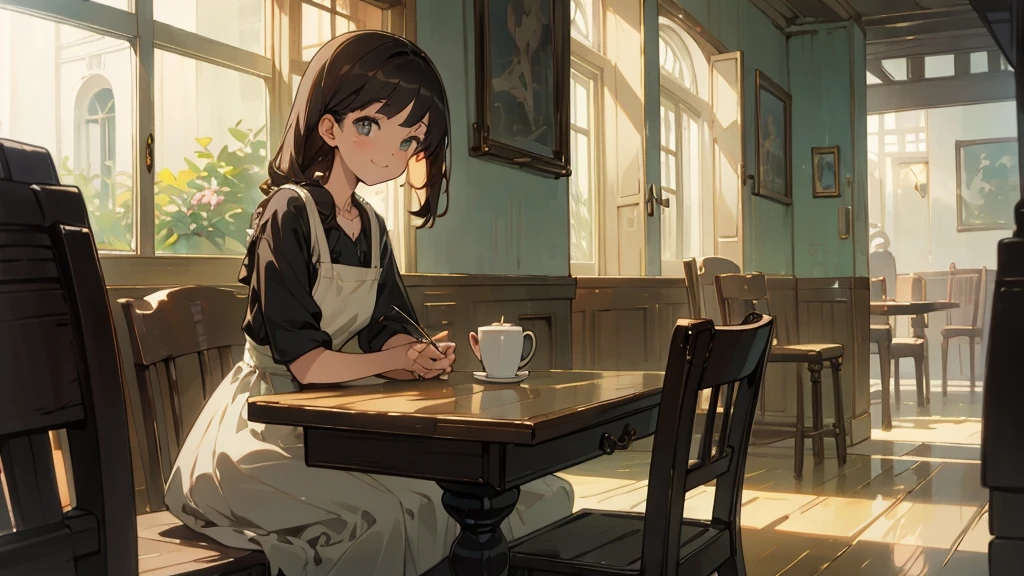 Stylish cafe、Anime Style、Freshly Brewed Coffee、Delicious looking baked goods、Relaxed atmosphere、Cozy atmosphere、Beautiful girl with dark hair sitting and drinking coffee、Wearing a dress、smile、Warm Light、avert your eyes、Ghibli style
