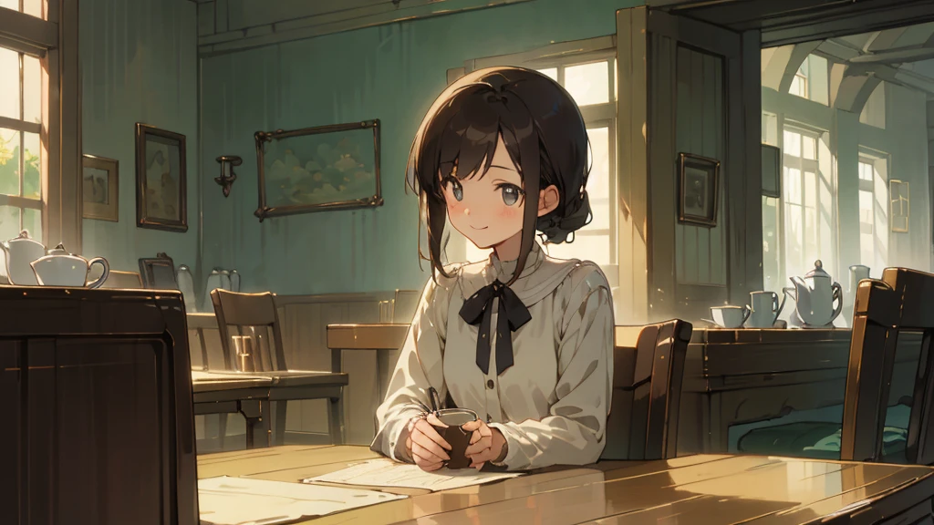 Stylish cafe、Anime Style、Freshly Brewed Coffee、Delicious looking baked goods、Relaxed atmosphere、Cozy atmosphere、Beautiful girl with dark hair sitting and drinking coffee、Wearing a dress、smile、Warm Light、avert your eyes、Ghibli style