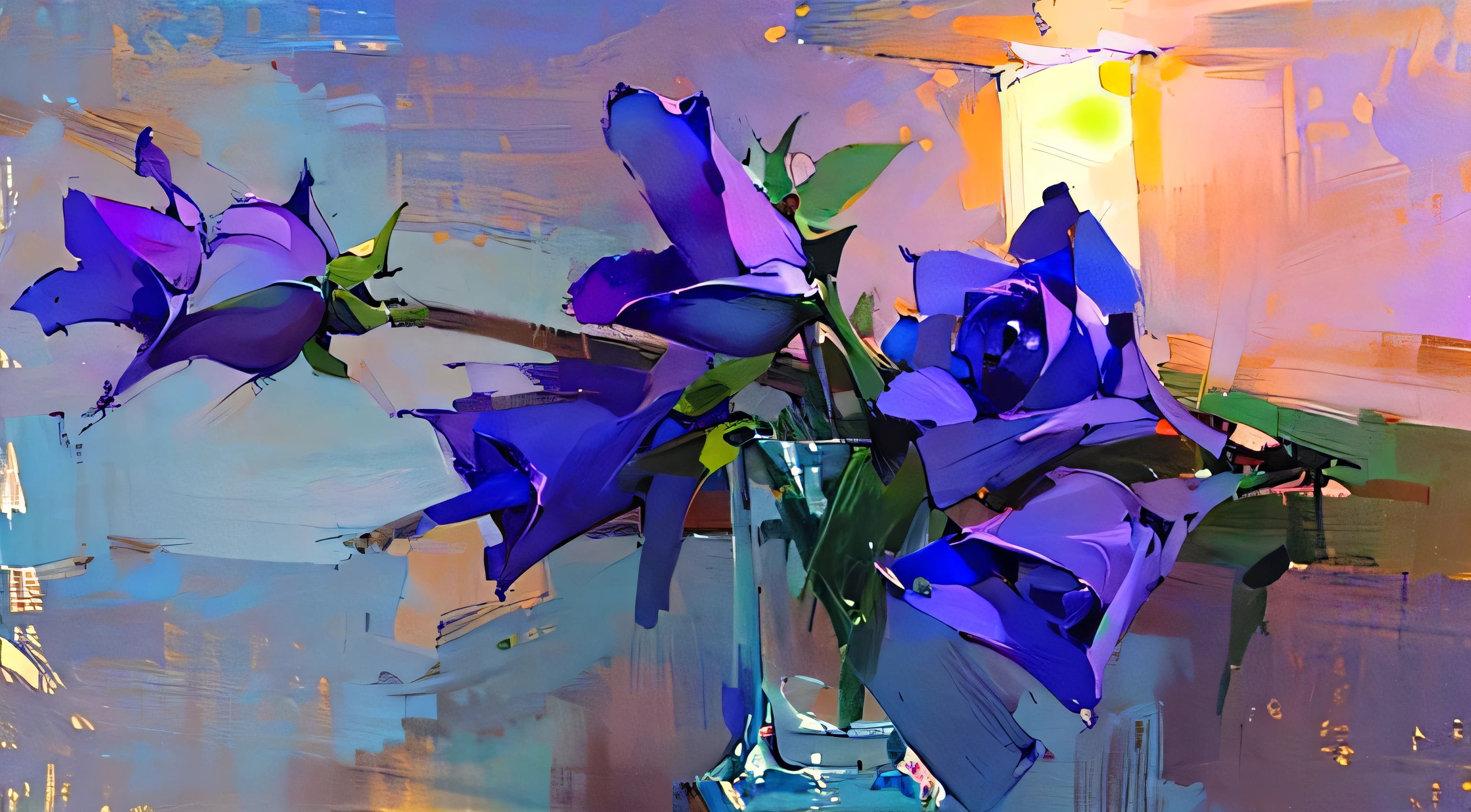 Highest quality, (8K,,Best quality,masterpiece:1.2),(Oil painting masterpiece real:1.37),Ultra-high resolution,Depth of Field,Chromatic Aberration,Caustics,Rose i flower branch, 蓝Rose, 蓝Rose, Rose in cinematic light, a few Rose, Rose, decorative Rose, Melancholy Rose Soft Light, Purple Volumetric Lighting, Oil painting brush strokes, Exquisite rendering, blue and violet, some purple and blue, blue and violet,Oil painting brush strokes,Dutch Still Life Painting,Impressionism