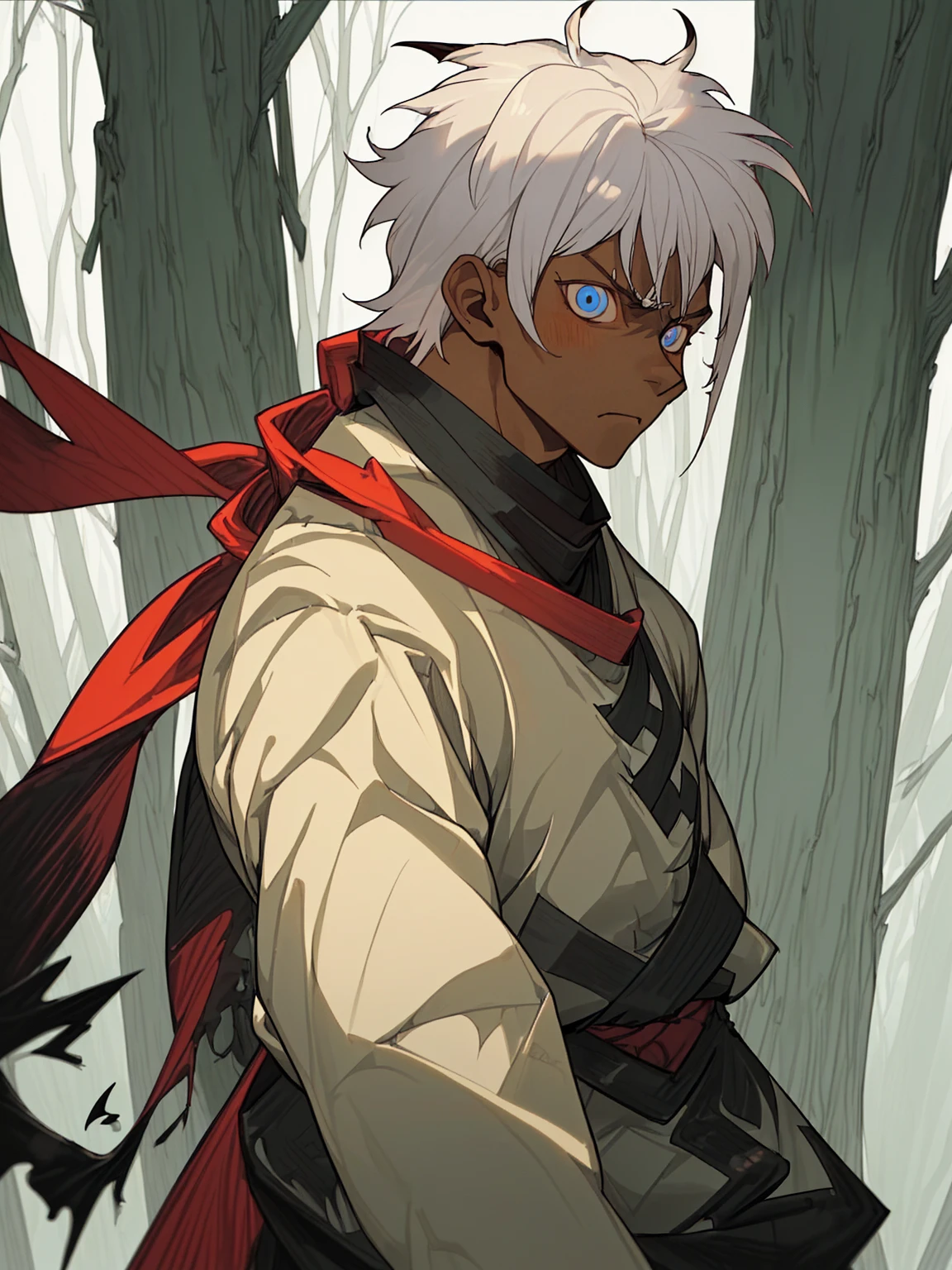 ((masterpiece,best quality,1boy,male focus,masculine,solo,closed mouth,teenager,muscle,muscular)),((((white hair,short messy hair)))),((pale blue eyes,perfect eyes,glowing eyes,perfect face,serious demeanor)),(((dark skin color,standing still,caramel skin color,multicolored haori,white haori,black haori,red scarf,demon slayer outfit))),((forest background,trees,walking on path,grass))