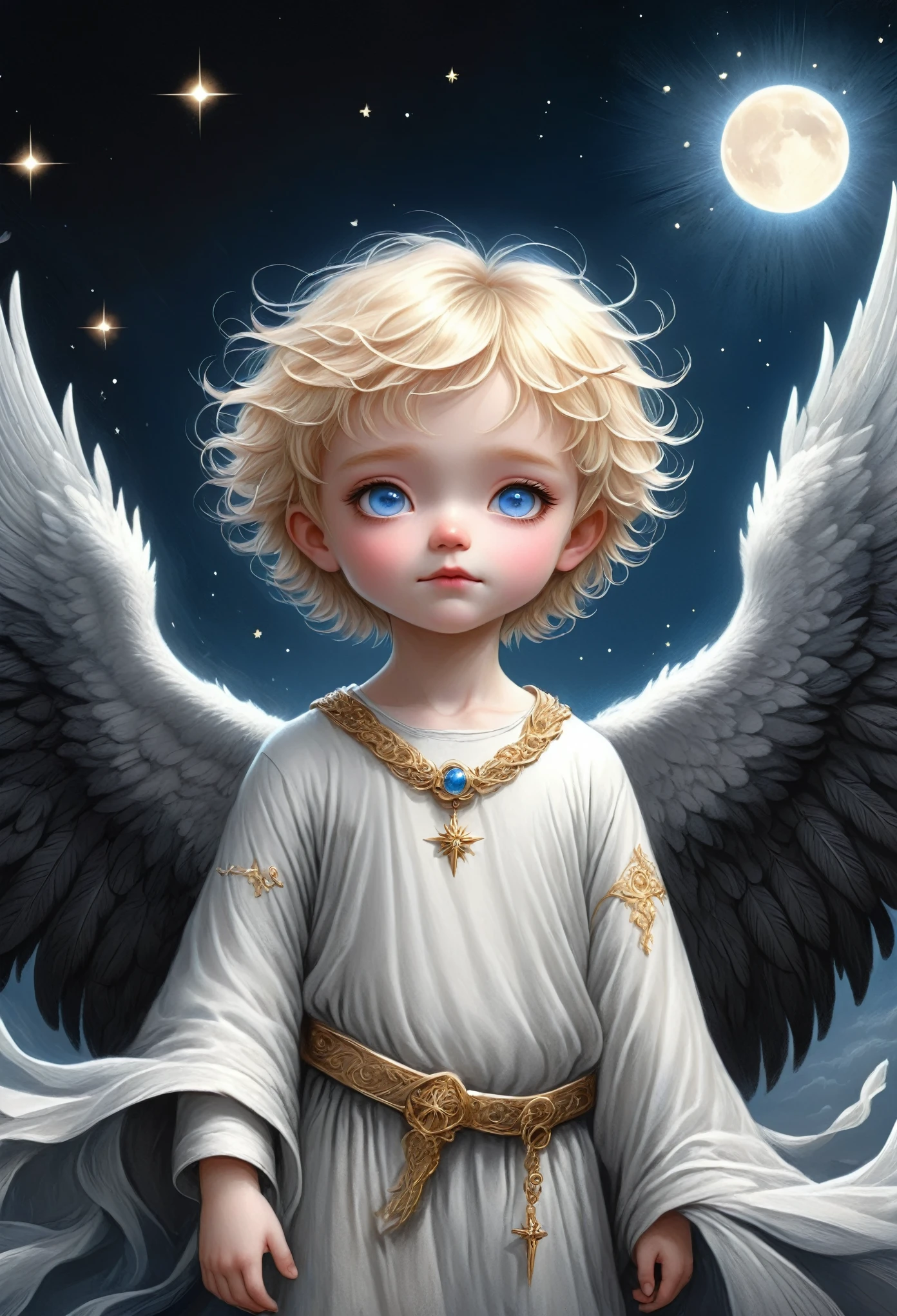 a 3 year old boy with angel wings and halo, golden hair, blue eyes, wearing jewelry, dark background, illustration, soft colors, clair obscur, Many stars，Fluffy clouds，Gorgeous wings，symmetry，Mediovale, extremely detailed, 8K, high quality, fallen dark angel lucifer surrounded by dark wings, black and white mobius strip, swirling white wings and dark angel, blackened, (best quality,4K,8K,highres,masterpiece:1.2),ultra-detailed,(realistic,photorealistic,photo-realistic:1.37),dramatic lighting,dramatic contrast,dark fantasy,digital painting,oil painting,cinematic