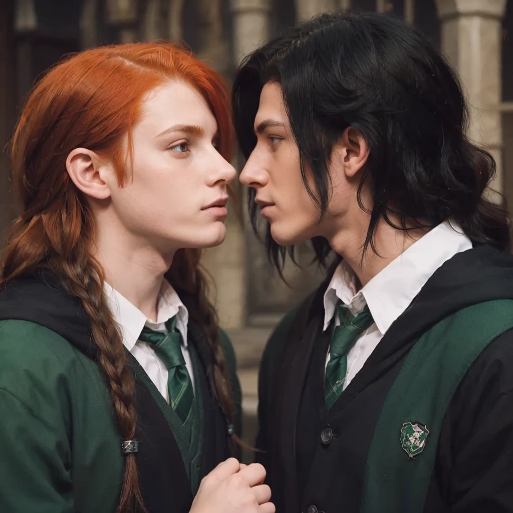 Two boys, one with red hair and one with black hair in Slytherins, em hogwarts