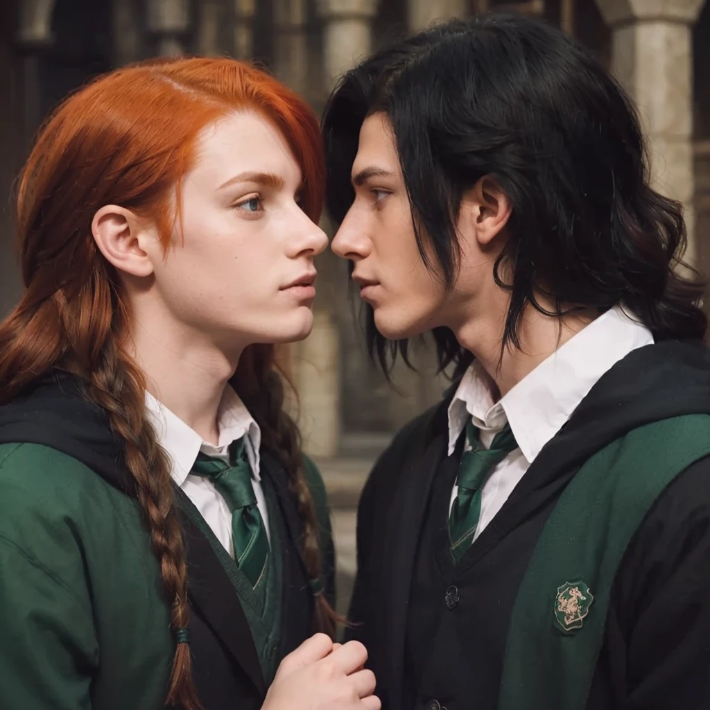 Two boys, one with red hair and one with black hair in Slytherins, em hogwarts 
