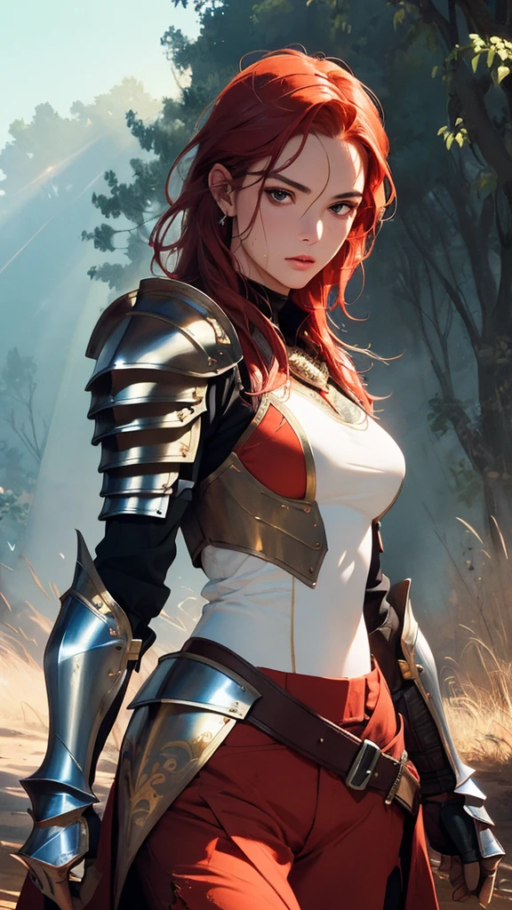 Warrior, costume, plate armor, short skirt, red skirt, white panties, appearing panties, redhead, realistic, D&D, sitting, cameltoe, open legs, legs apart, upskirt, steel gauntlets, steel boots, steel breastplate