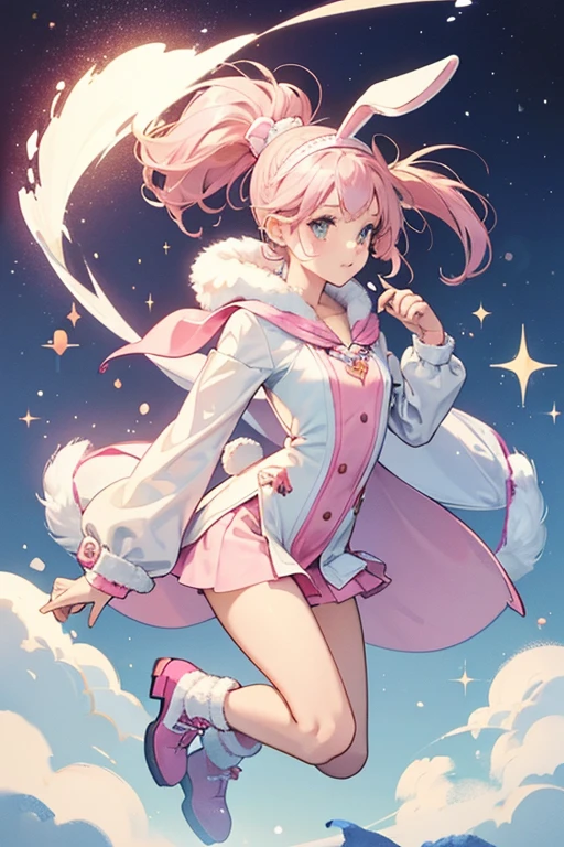 Snow Dogg girl has brown and white fur and two medium-sized, floppy ears. She has pink hair in a small ponytail. She may be a beagle or a Jack Russell terrier. On her head, she wears a white bunny-ear headband. She also wears a pink shawl and four pink booties. SPARKLE; GLITTER