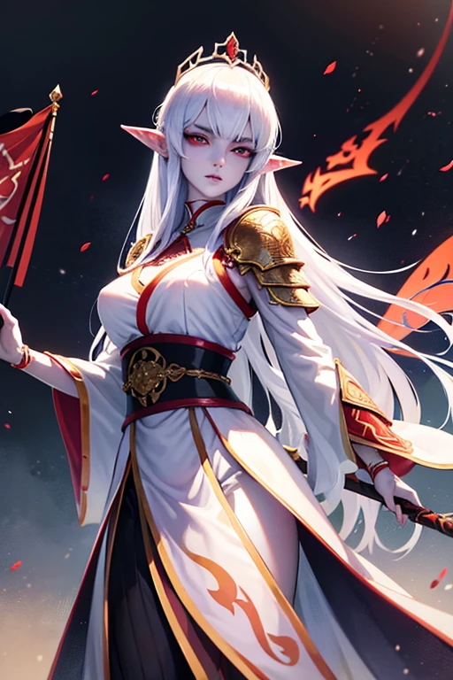 A tall, elegant elven woman with pale skin, very long ears, and striking red eyes, wearing a crown and intricate Japanese-style armor, holding a lance and standing proudly with a flag in her hand,extremely detailed eyes and face,longeyelashes,highly detailed armor,extremely detailed crown,detailed flag,cinematic lighting,dramatic shadows,vibrant colors,dark fantasy