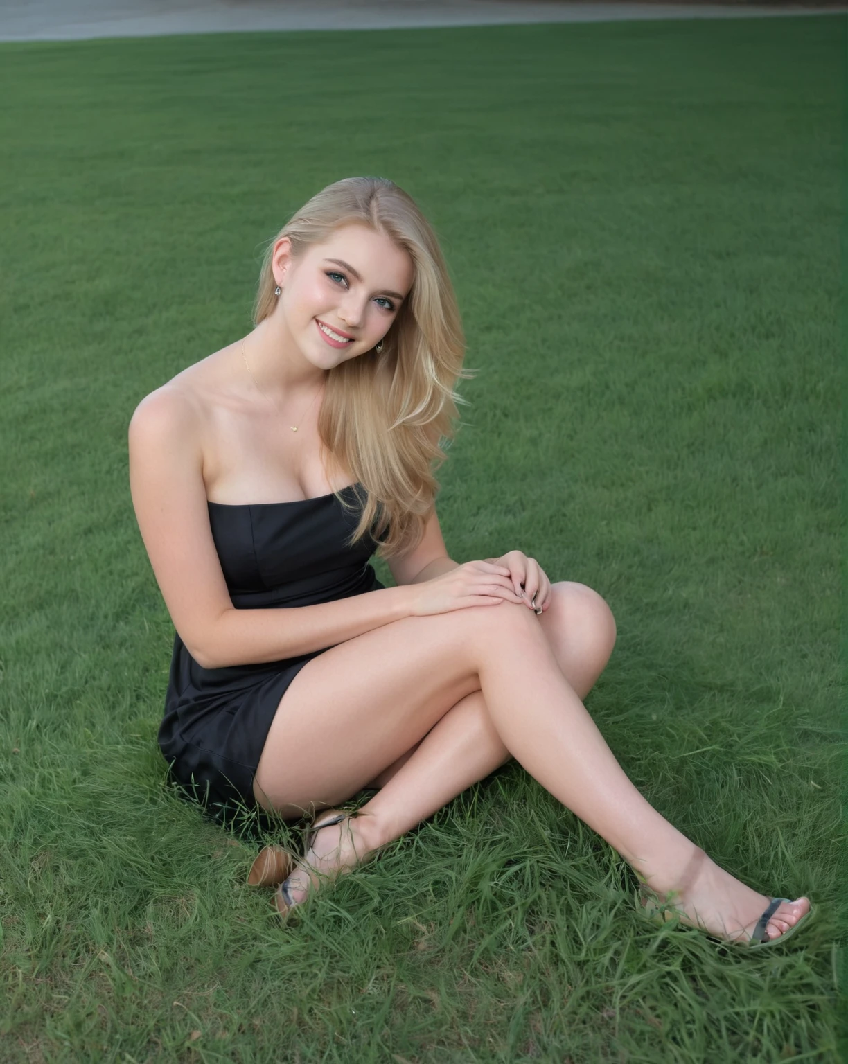 Arafed woman sitting on the grass wearing a black dress., beautiful model, beautiful blonde girl, alana fletcher, pretty face with arms and legs, very pretty model, sitting on one knee in the grass, 2 4 year old female model, Photoshoot, brooke ashling, beautiful model girl, model session, a beautiful blonde, beautiful and smiling, 18 years