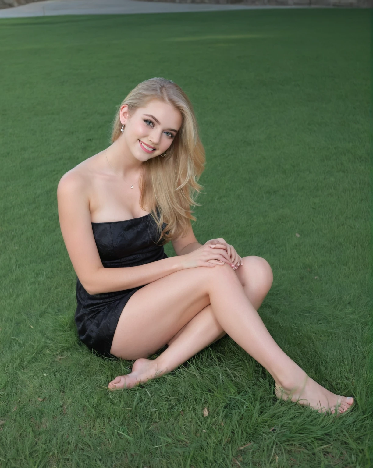 Arafed woman sitting on the grass wearing a black dress., beautiful model, beautiful blonde girl, alana fletcher, pretty face with arms and legs, very pretty model, sitting on one knee in the grass, 2 4 year old female model, Photoshoot, brooke ashling, beautiful model girl, model session, a beautiful blonde, beautiful and smiling, 18 years