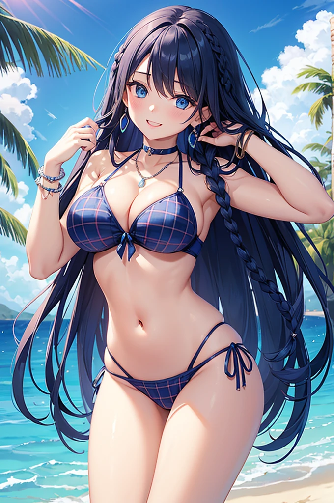 Highest quality、Highest quality、masterpiece、(8K),beauty(Age 25)、Navy blue long hair(Braiding of sides)、blue eyes、Sexy Bikini(Plaid)、Big cleavage、(Big Breasts)、smile、blue necklace、Blue Earrings、background(Beach)、Please open your mouth wide、bracelet、Arch Pose、Blue choker、Close one eye