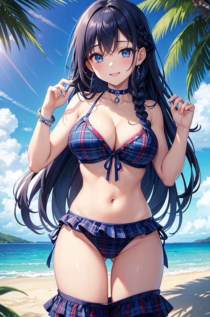 Highest quality、Highest quality、masterpiece、(8K),beauty(Age 25)、Navy blue long hair(Braiding of sides)、blue eyes、Sexy Bikini(Plaid)、Big cleavage、(Big Breasts)、smile、blue necklace、Blue Earrings、background(Beach)、Please open your mouth wide、bracelet、Arch Pose、Blue choker、Close one eye