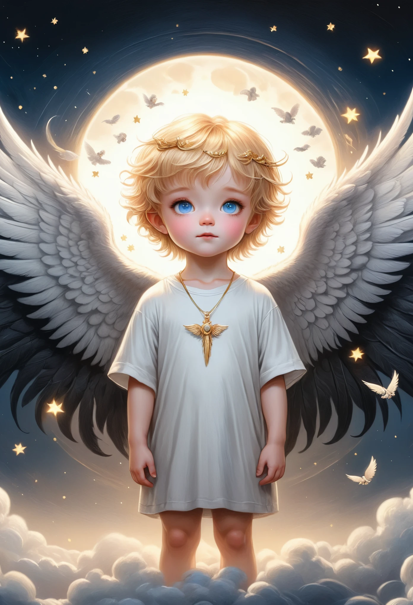 a 3  boy with angel wings and halo, golden hair, blue eyes, wearing jewelry, dark background, illustration, soft colors, clair obscur, Halo，Many stars，Fluffy clouds，Gorgeous wings，symmetry，Mediovale, extremely detailed, 8K, high quality, fallen dark angel lucifer surrounded by dark wings, black and white mobius strip, swirling white wings and dark angel, blackened, (best quality,4K,8K,highres,masterpiece:1.2),ultra-detailed,(realistic,photorealistic,photo-realistic:1.37),dramatic lighting,dramatic contrast,dark fantasy,digital painting,oil painting,cinematic