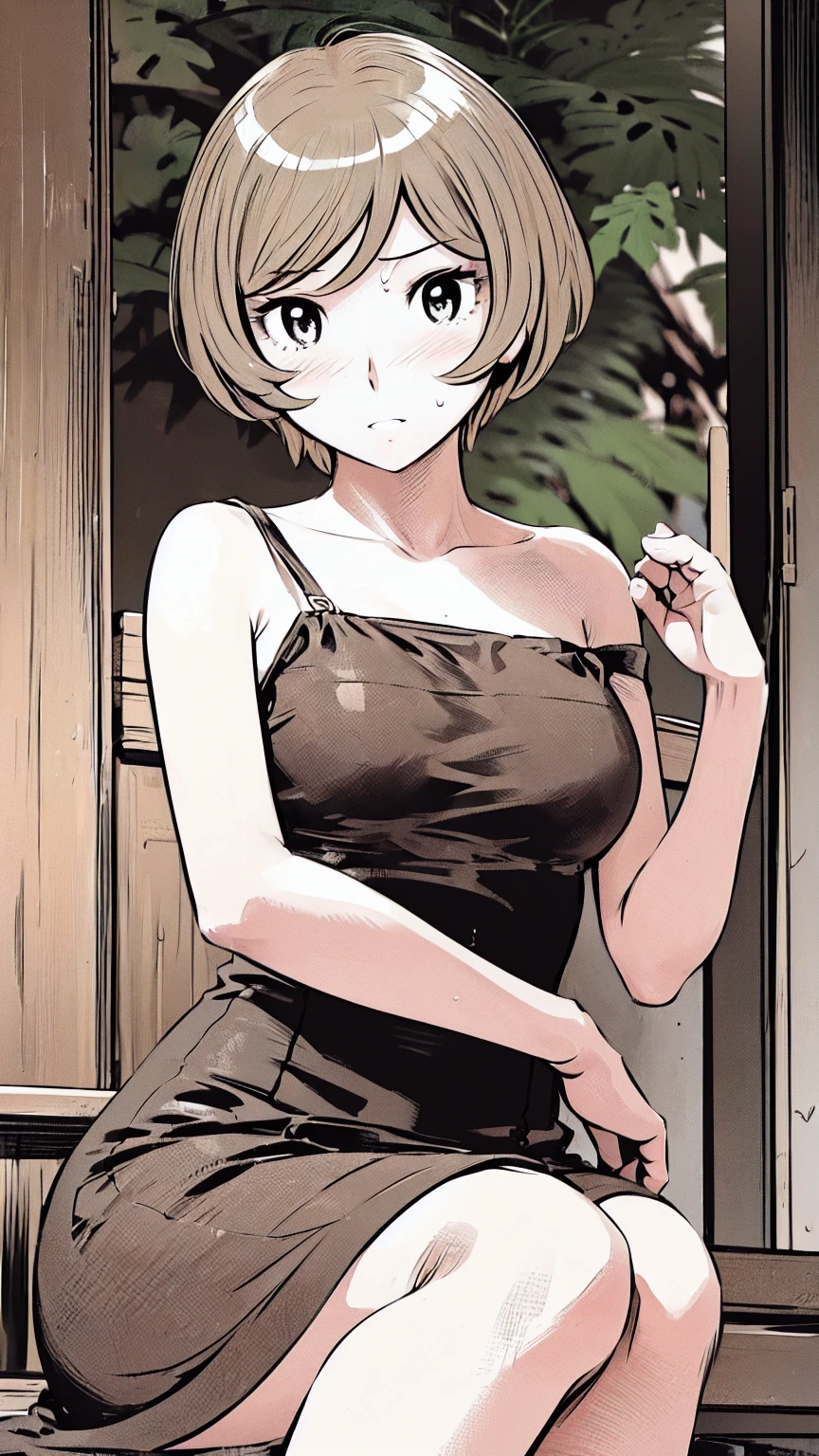 、(masterpiece、Highest quality)、Highest quality, Ultra-high resolution, (((masterpiece))), alone, Sweat、Big eyes,Show Viewer, 
blonde,(short hair:1.2), (Highest quality:1.3),One Girl,Private Server、Floral dress、nature、Off the shoulder、Embarrassed face