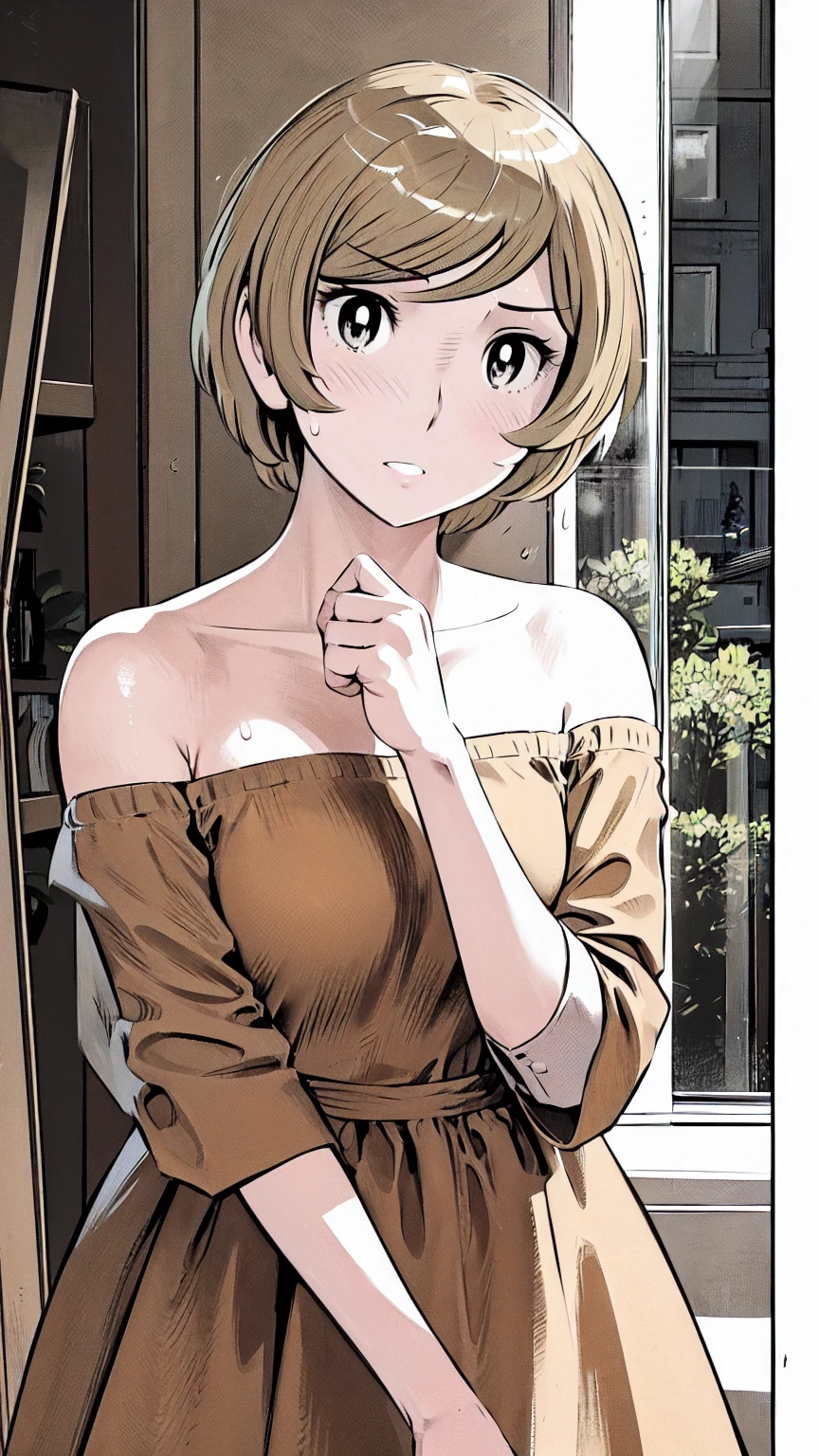 、(masterpiece、Highest quality)、Highest quality, Ultra-high resolution, (((masterpiece))), alone, Sweat、Big eyes, Please show me your armpits, No sleeve、Outdoor、Floral dress、Composition from the front、(Cut the back hair short、short hair、blonde、woman)、Shortcuts、Embarrassed face、Cut your hair short、可愛いwomanの子、Big Breasts