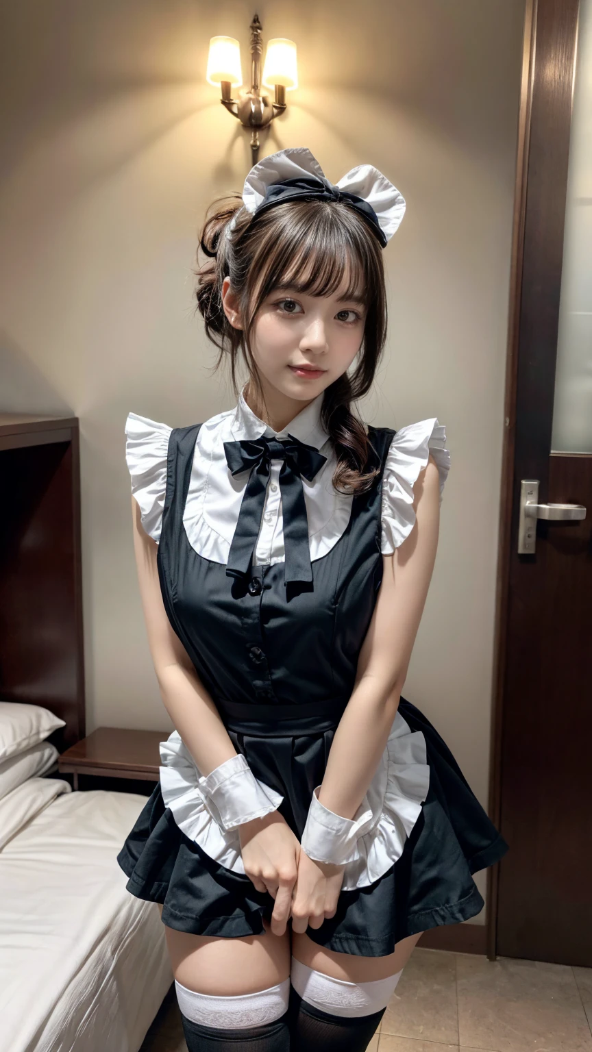 masterpiece, best quality, illustration, Super detailed, fine details, High resolution, 8K,wall paper, perfect dynamic composition,(Details High quality, realistic depiction of eyes:1.3), short hair, (wavy hair:1.2), SFW, huge breasts, hotel room, (bow ribbon, Maid, knee high socks:1.3), Aside Cutter Shirt, frill skirt, Large breasts, Don't expose it, ponytail, black hair color, Big Natural Color Lip, perfect body shape, bold sexy pose, crying a little、Harajuku style、20 year old girl、cute type、ta、beautiful legs, full body photo、focus on crotch, hposing Gravure Idol